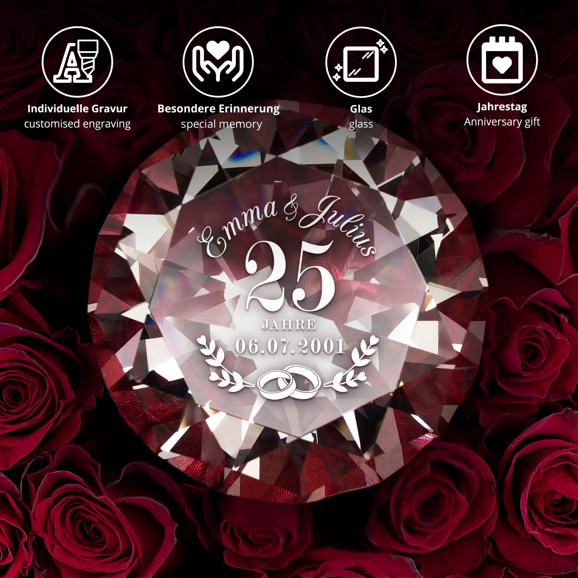 Diamant Kristall mit Gravur und Samtsäckchen - Silberhochzeit