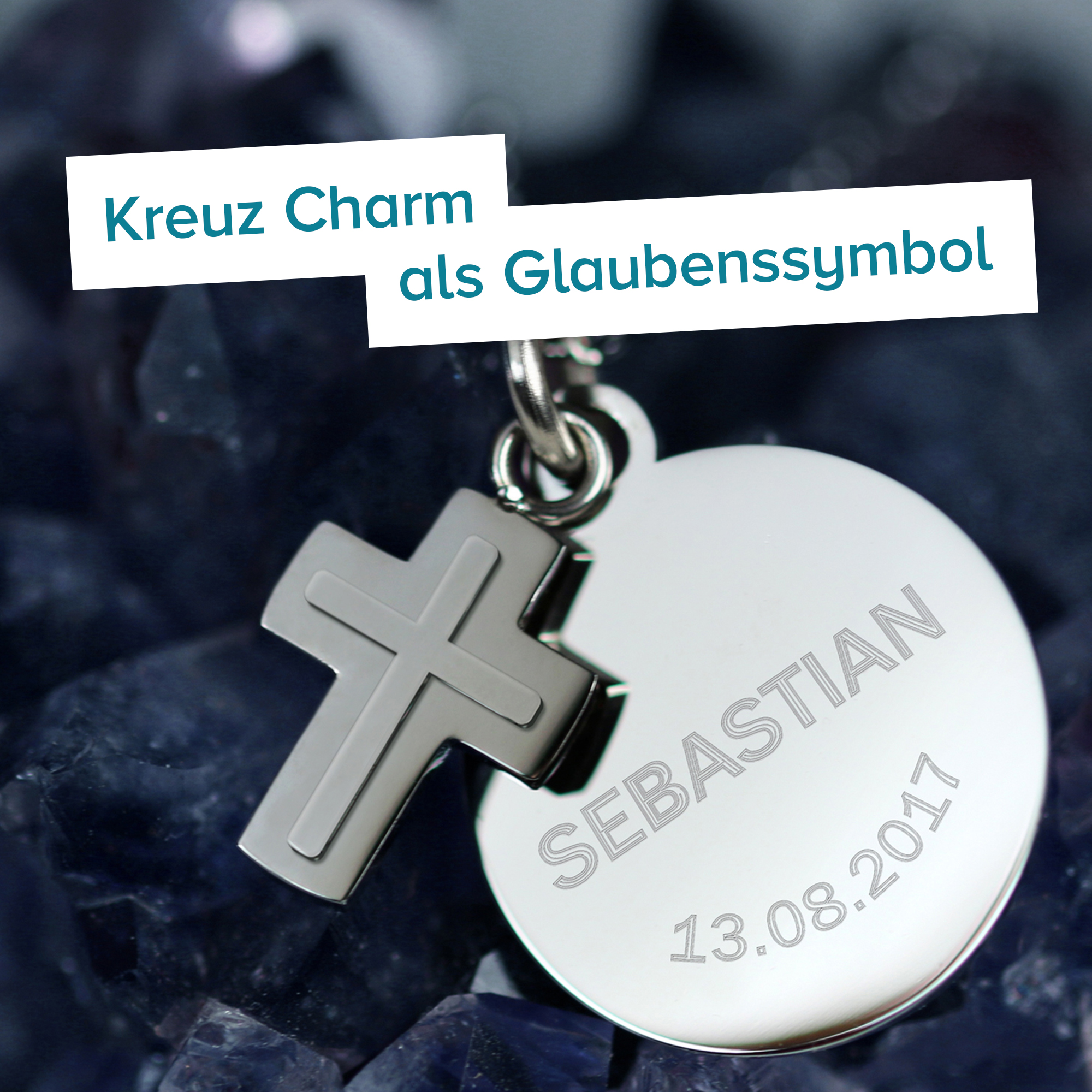 Runder Kettenanhänger mit Kreuz Silber - Name und Datum 4076 - 4