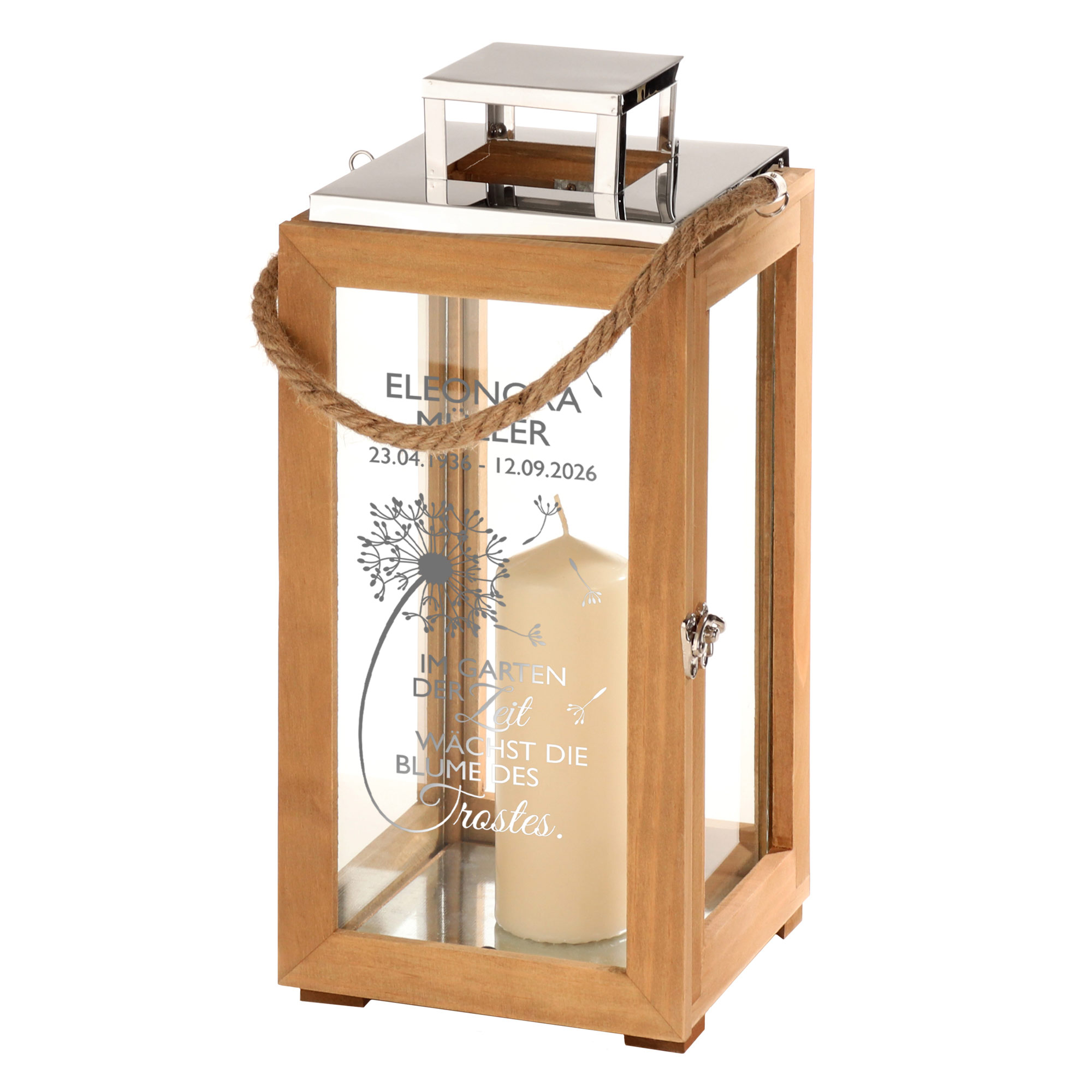 Holzlaterne mit Gravur - Trauerblume