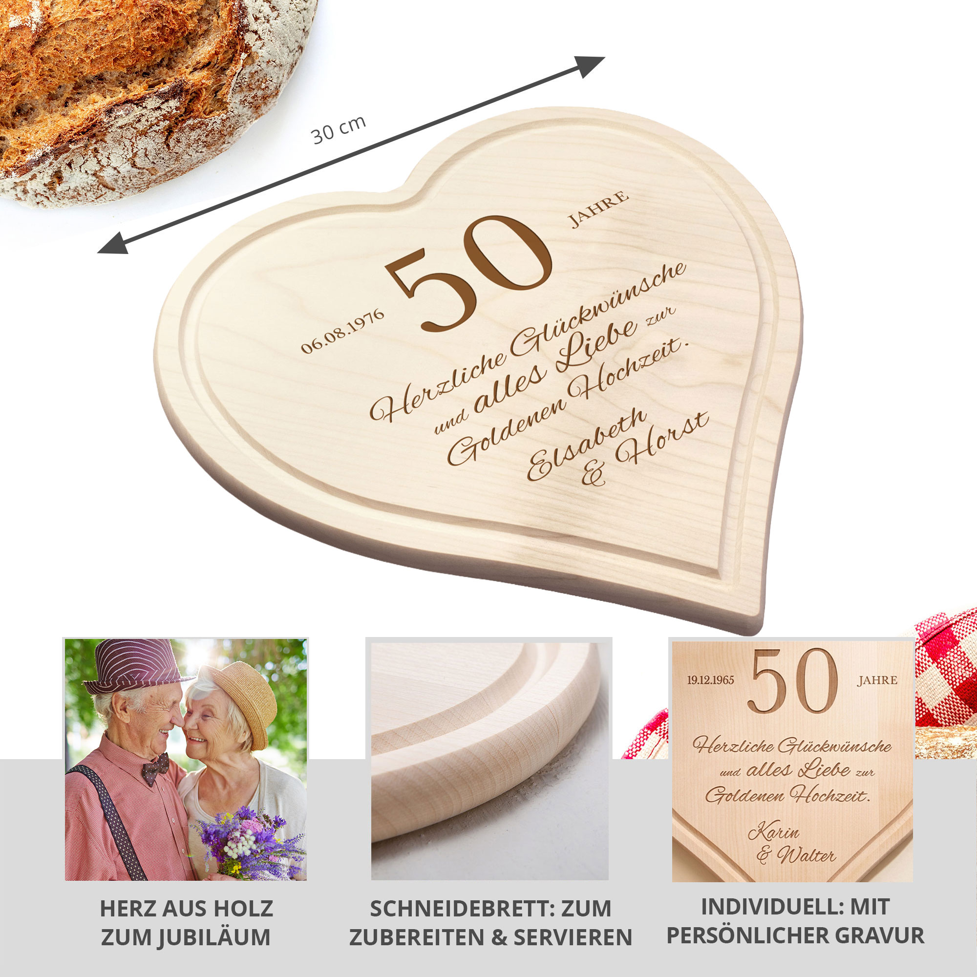 Graviertes Holzherz zur Goldenen Hochzeit Graviertes Holzherz zur Goldenen Hochzeit