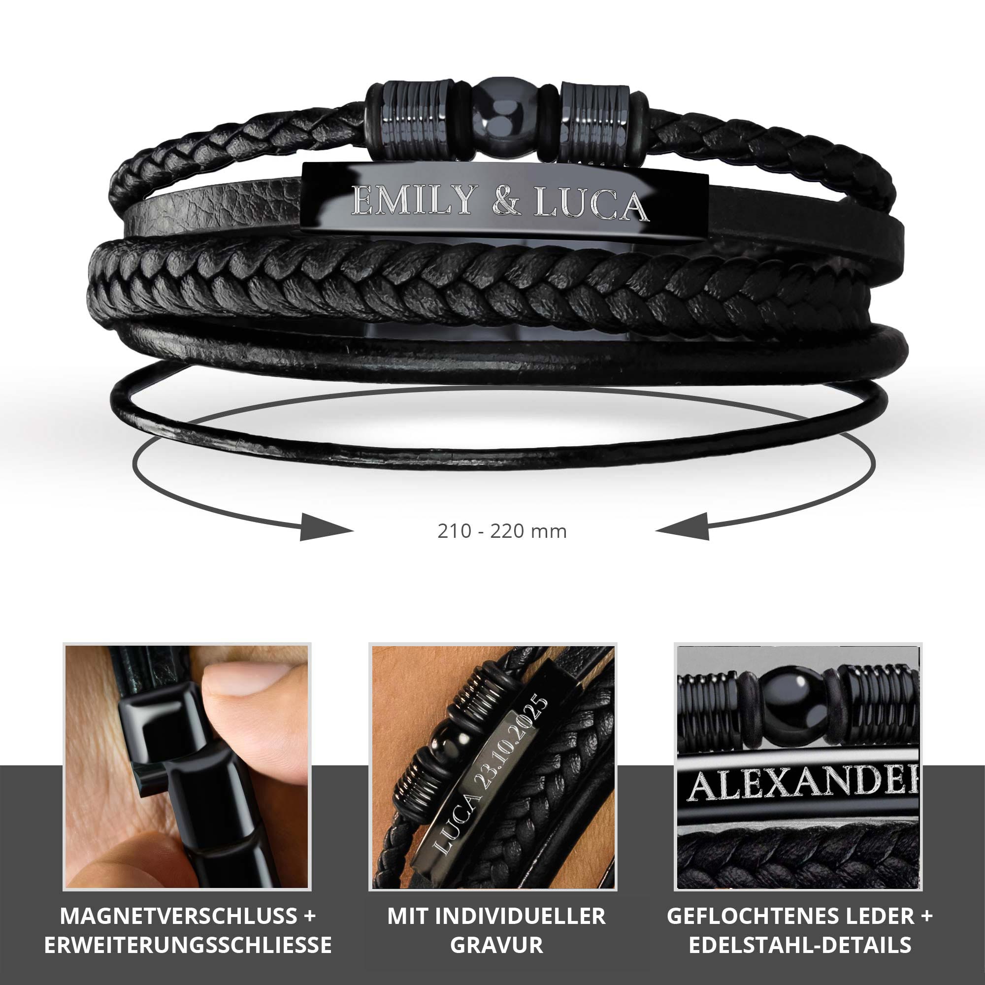 Geflochtenes Lederarmband mit Beads Schwarz - mit Gravur