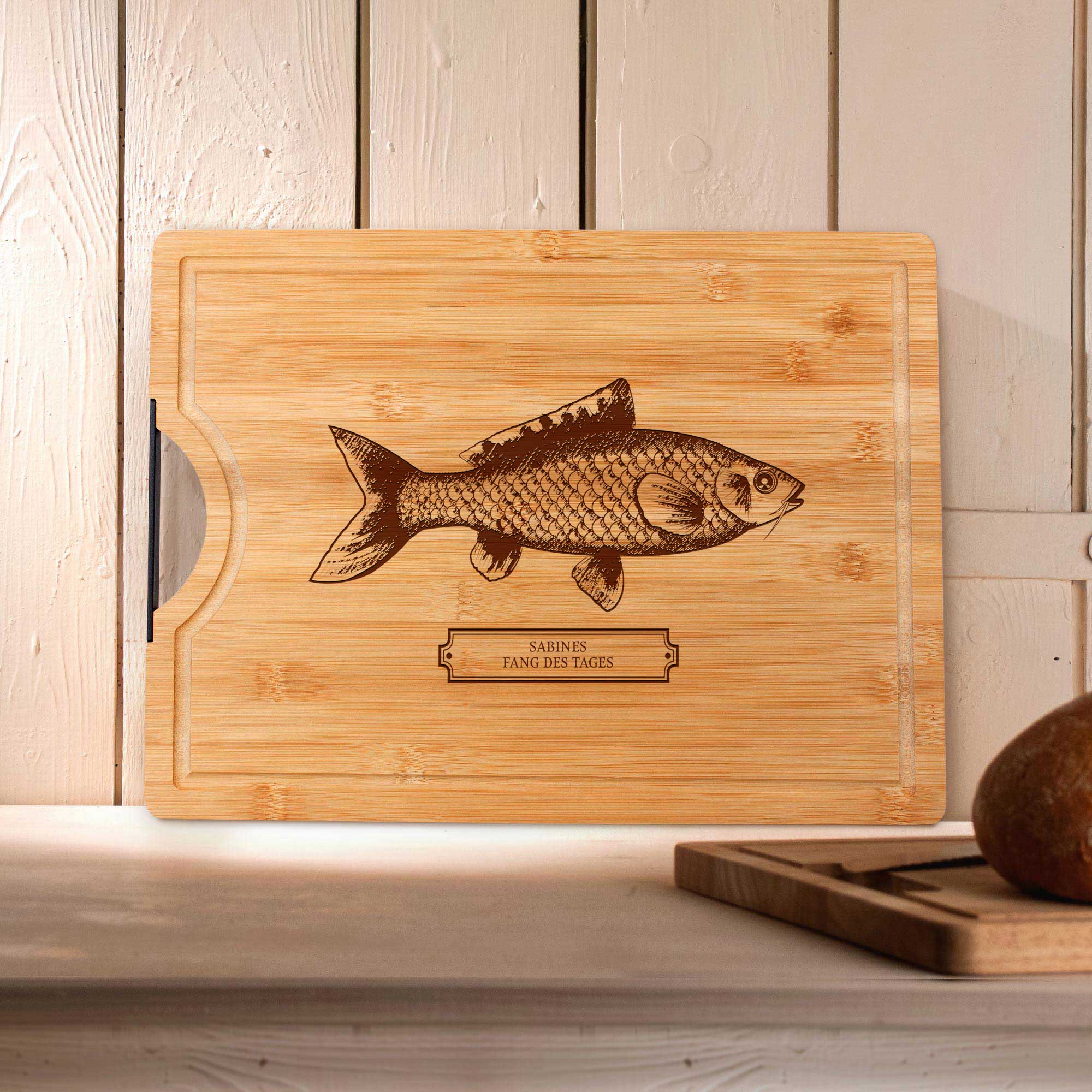 Bambusholz Schneidebrett mit Gravur - Fisch - Name