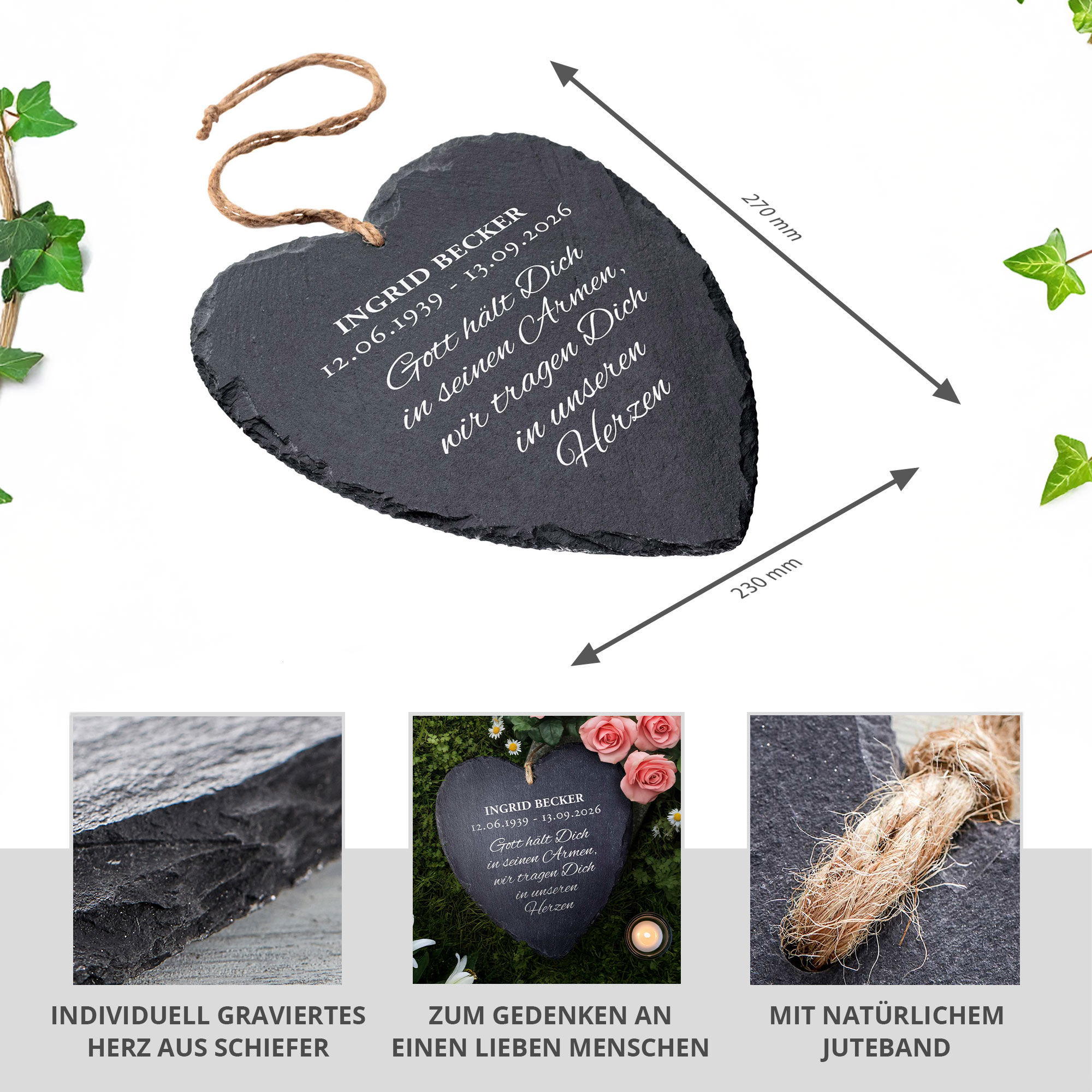 Schieferherz mit Gravur - Beileidsbekundung mit Personalisierung