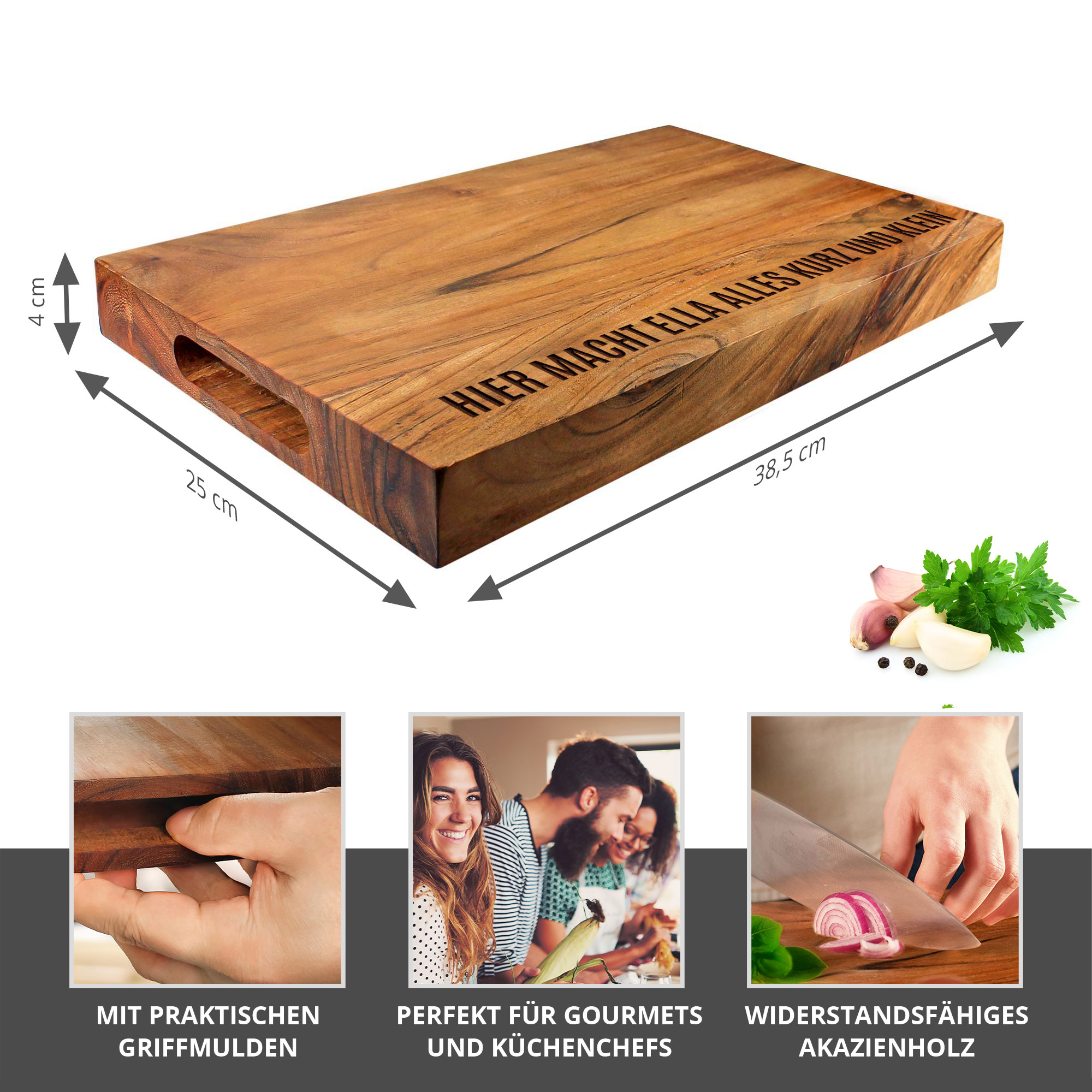 Personalisierter Schneideblock mit Griffmulden Personalisierter Schneideblock mit Griffmulden