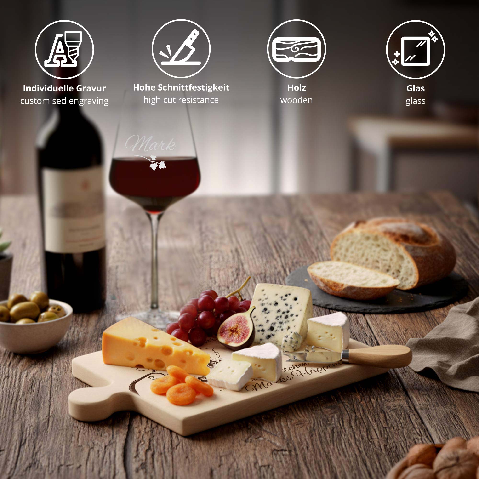Weinhäppchen - Glas und Puzzle Brettchen personalisiert Weinhäppchen - Glas und Puzzle Brettchen personalisiert