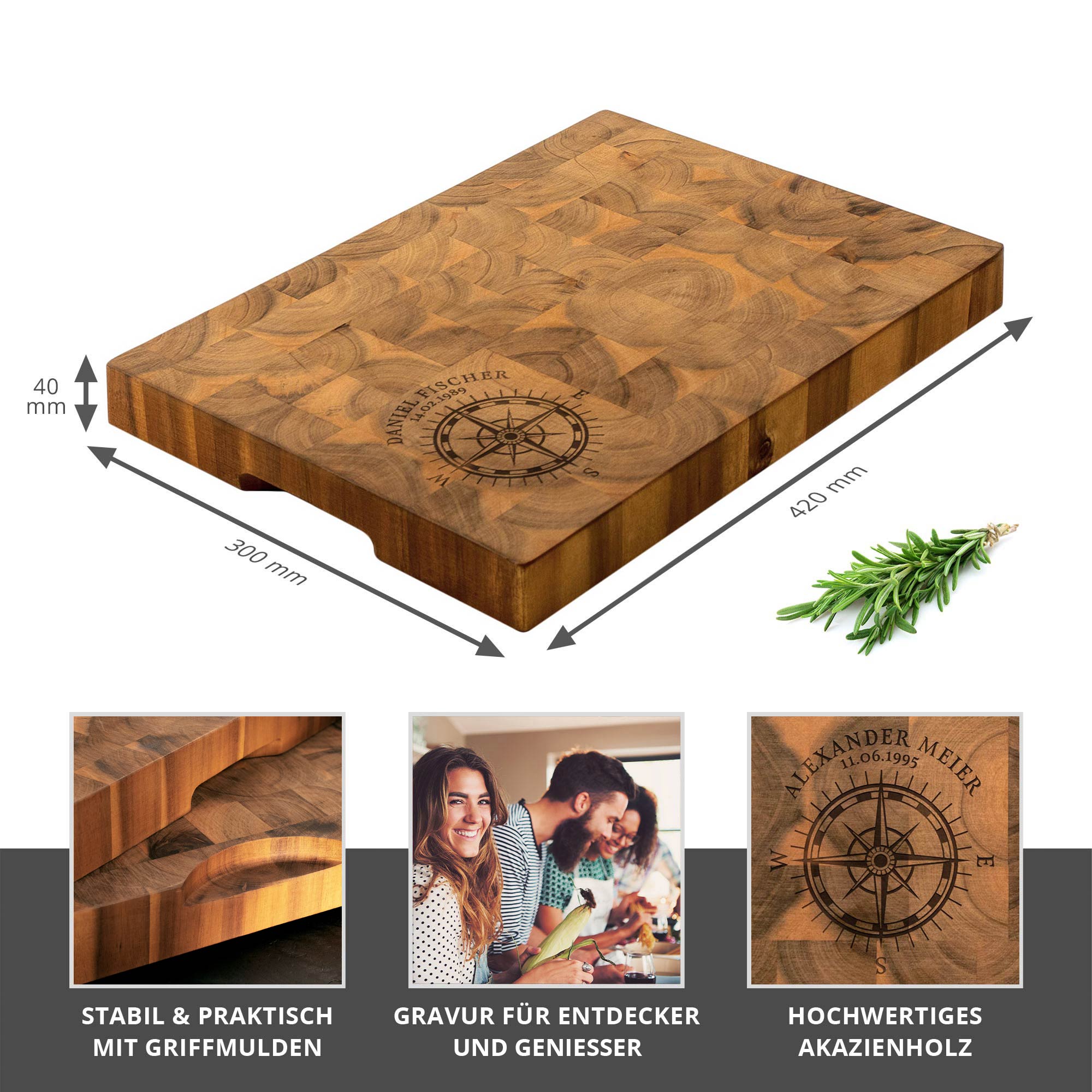Premium Stirnholz Schneideblock Akazie mit Kompass Gravur