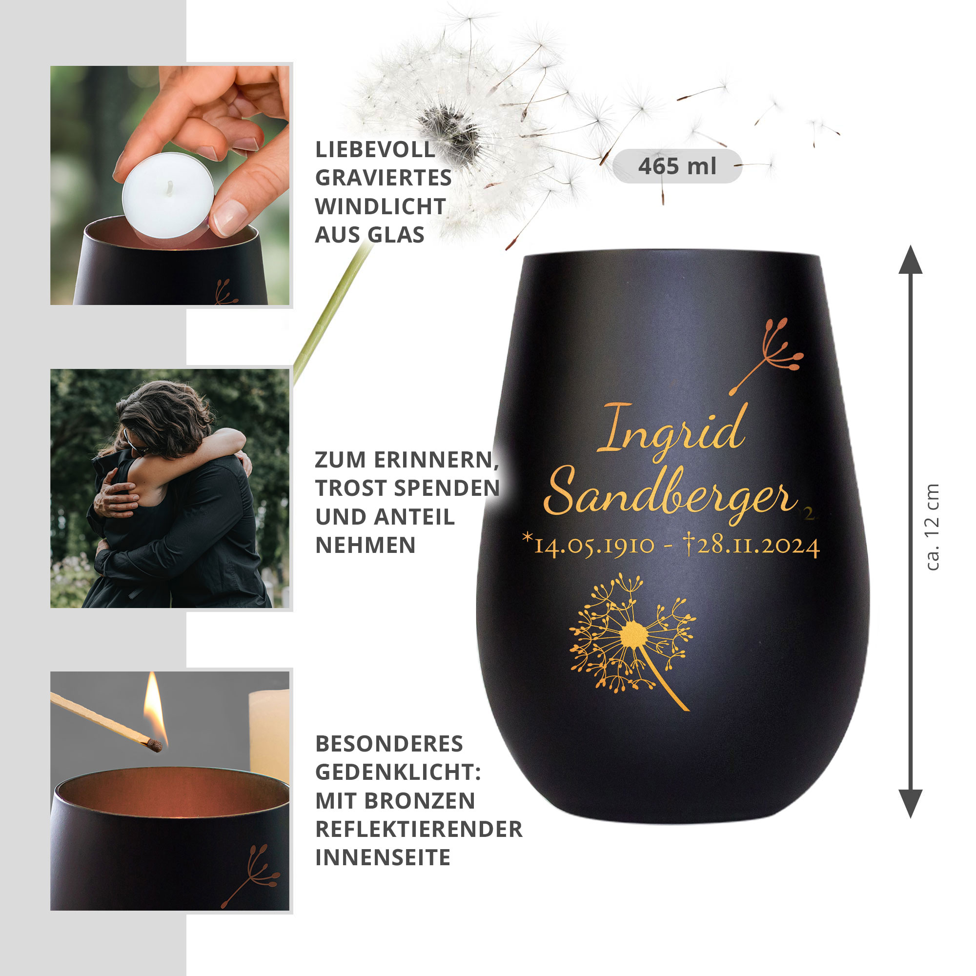 Schwarzes Windlicht mit Gravur Trauerblume - Bronze