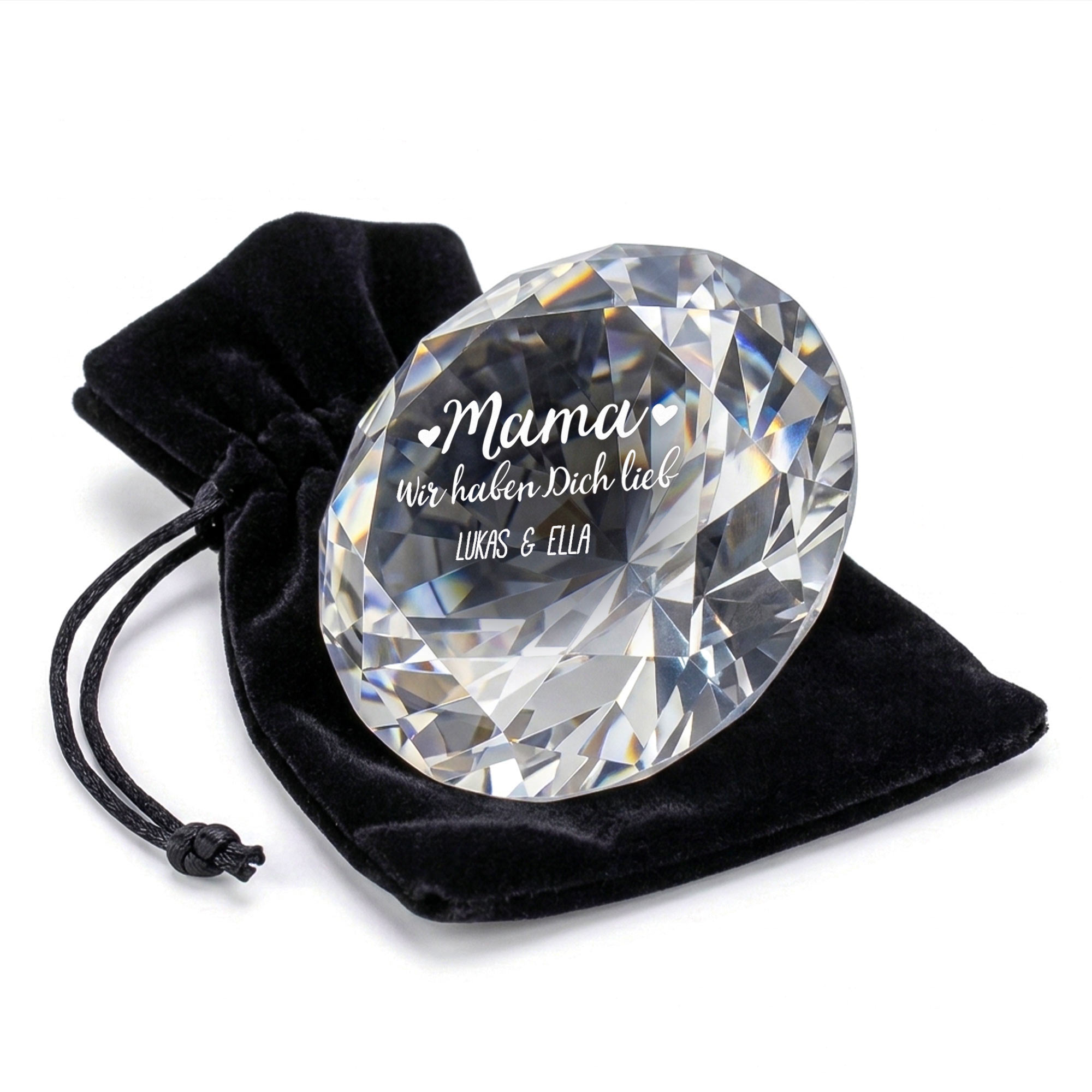 Diamant Kristall mit Gravur und Samtsäckchen - Mama wir haben dich lieb Diamant Kristall mit Gravur und Samtsäckchen - Mama wir haben dich lieb