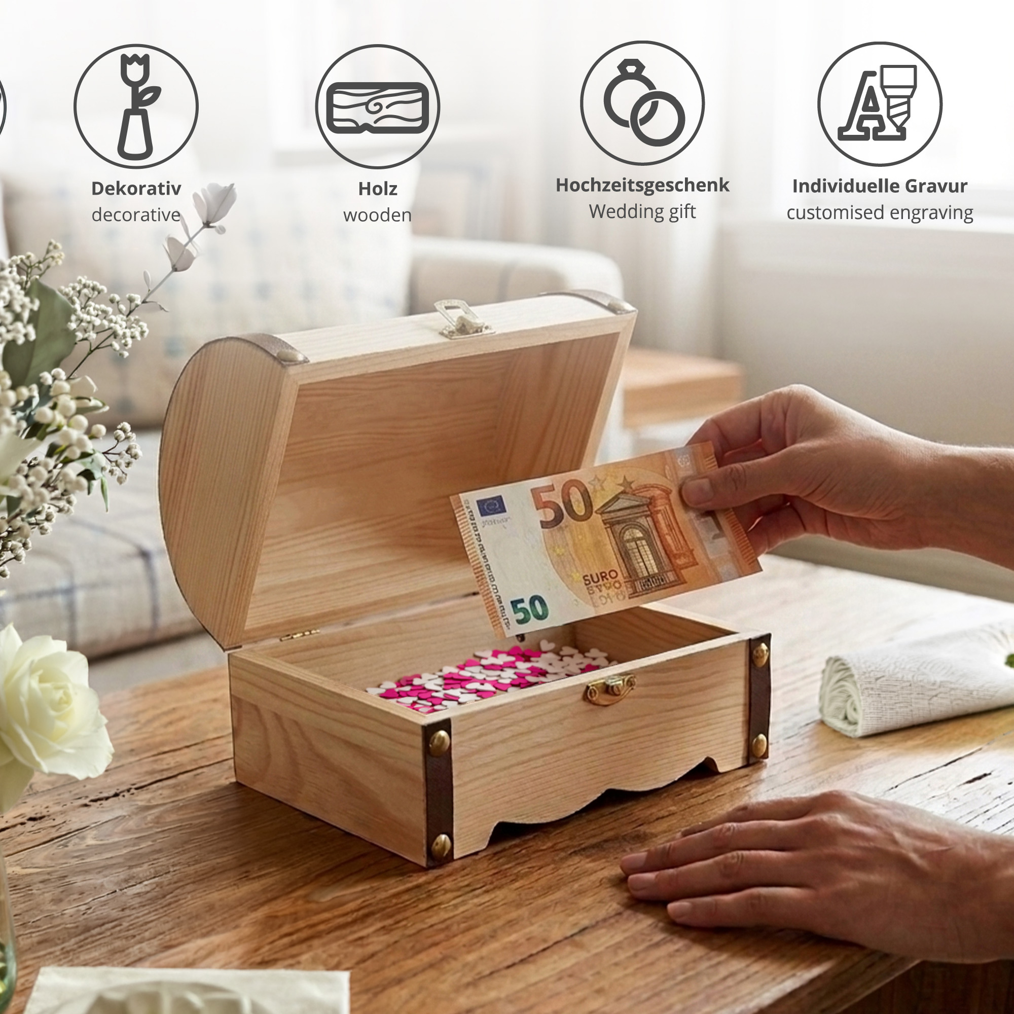 Geld Schatzkiste zur Hochzeit - Herzen Geld Schatzkiste zur Hochzeit - Herzen