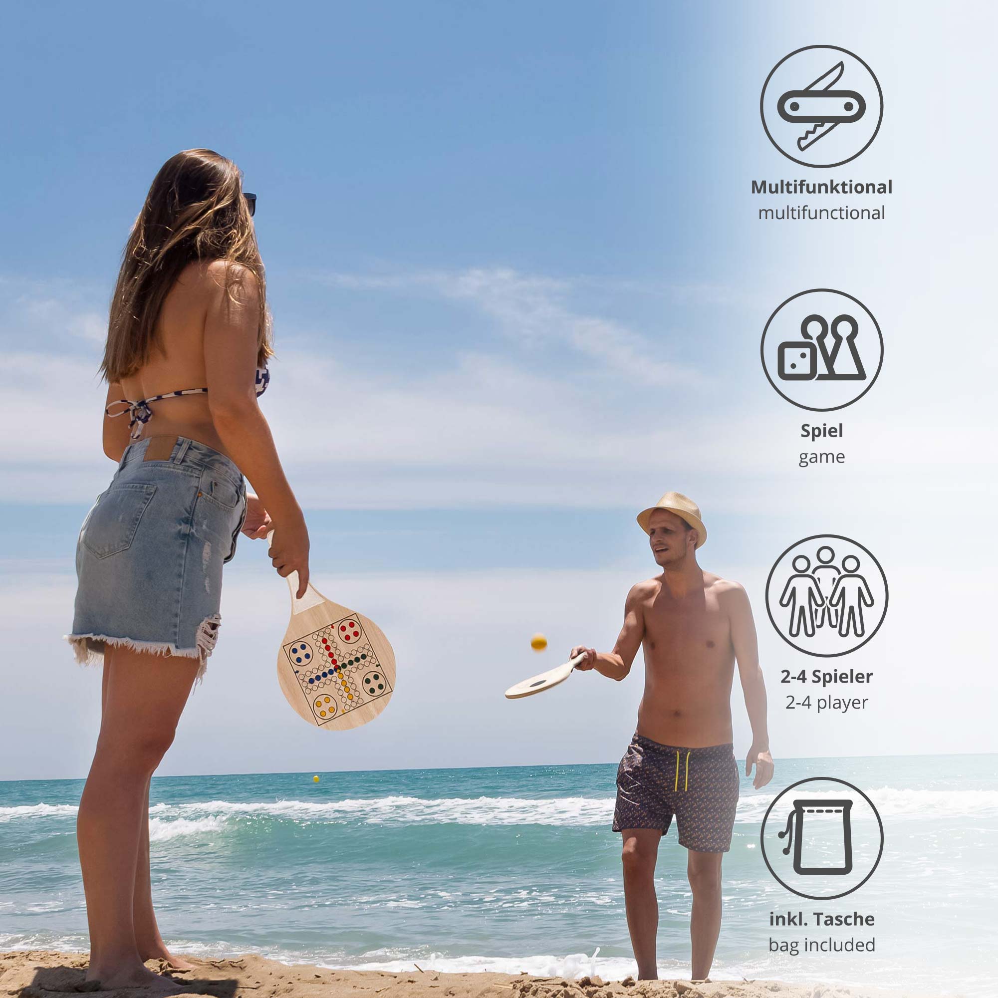 Kompaktes Beachball Set mit 2 Spielen und Baumwollbeutel