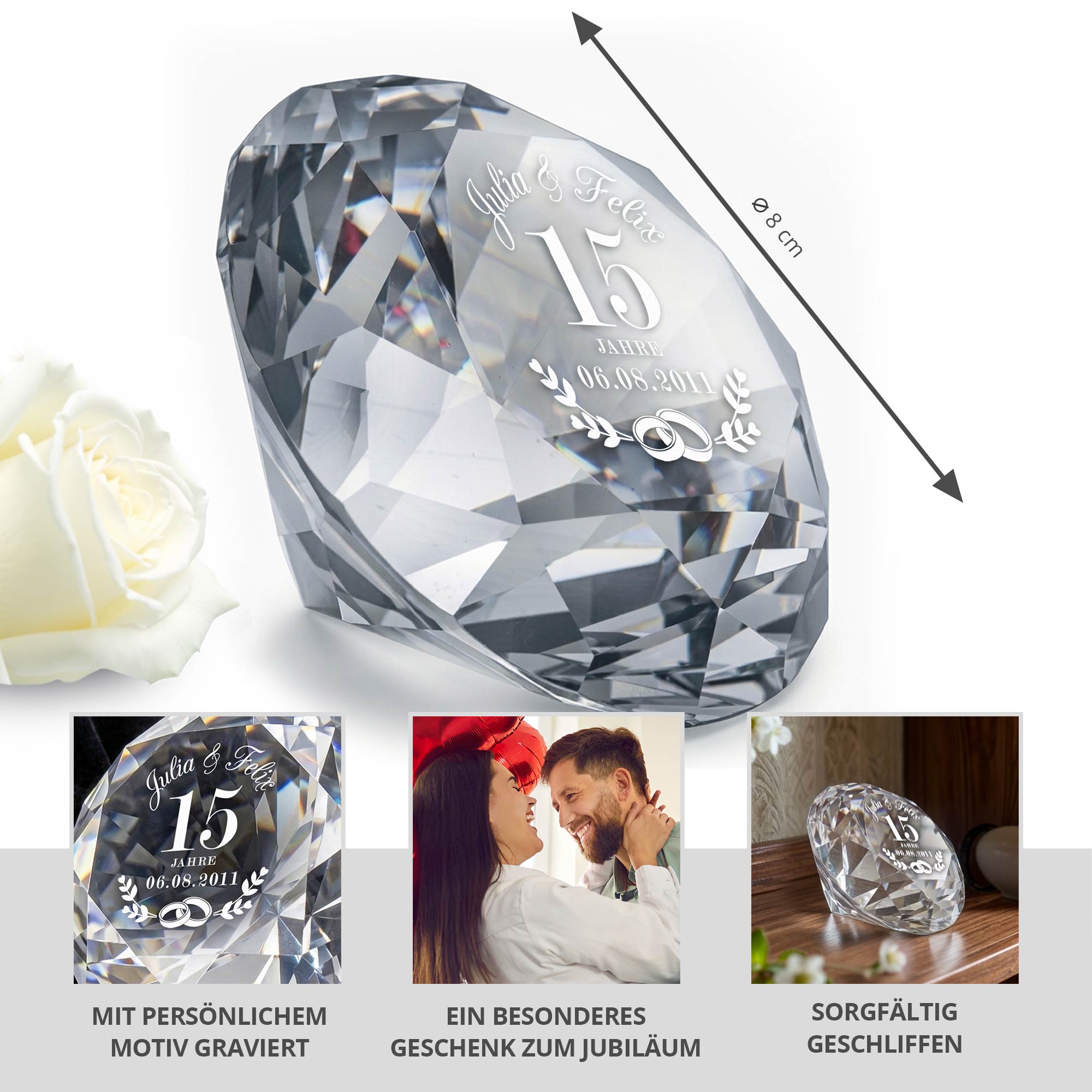 Diamant Kristall mit Gravur und Samtsäckchen - Kristallhochzeit