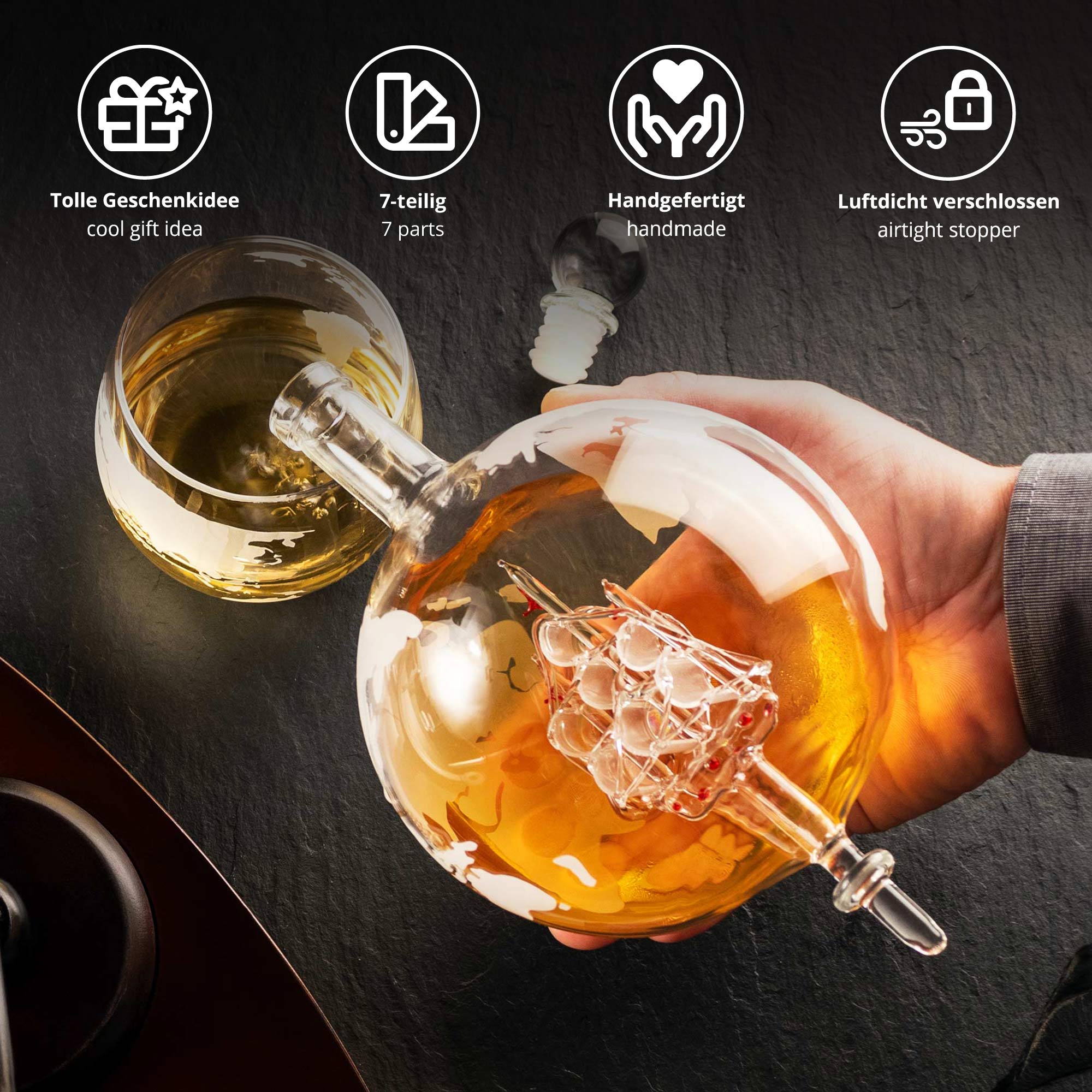 Whisky Set mit Globus Karaffe und 2 Gläsern - Segelschiff Whisky Set mit Globus Karaffe und 2 Gläsern - Segelschiff